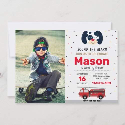 Red Fire Truck Birthday Invitation with photo