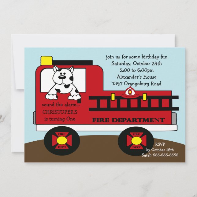 Red Fire Truck Birthday Party Invitation (Front)
