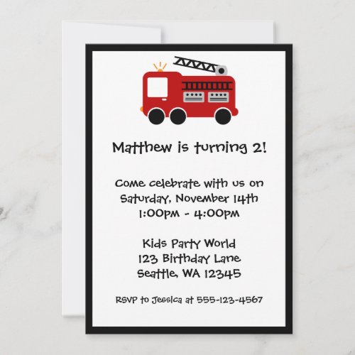 Red Fire Truck Birthday Party Invitation