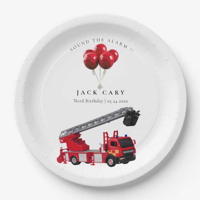 Red Fire Truck Birthday Party Paper Plates (Front)