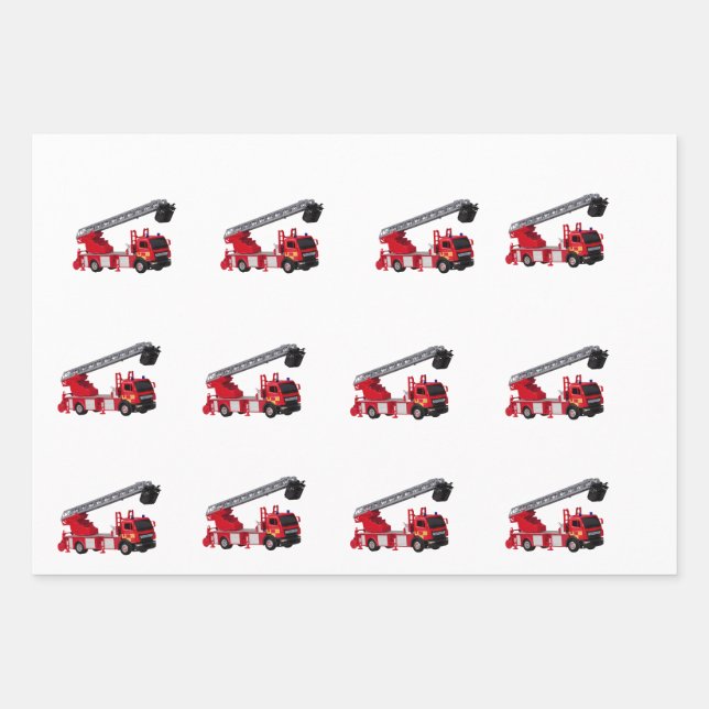  Red Fire Truck Birthday Party Wrapping Paper Sheets (Front)