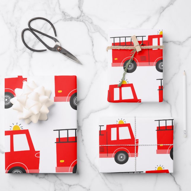 Red Fire Truck Birthday Wrapping Paper Sheets (Front)