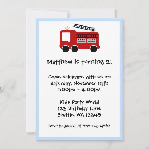 Red Fire Truck Blue Border Birthday Boy Invitation