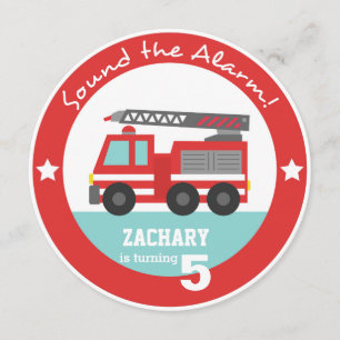 Red Fire Truck Boy Birthday Party, Circle Invitation