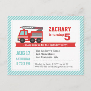 Red Fire Truck Boy Birthday Party Invitation