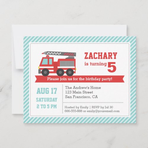 Red Fire Truck Boy Birthday Party Invitation