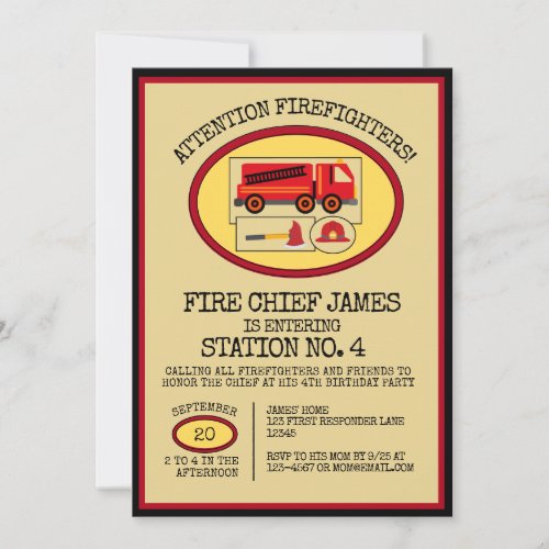 Red Fire Truck  Boys Themed Birthday Party Invitation