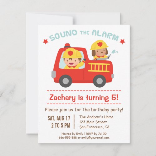 Red Fire Truck Cute Dog and Boy Birthday Party Invitation
