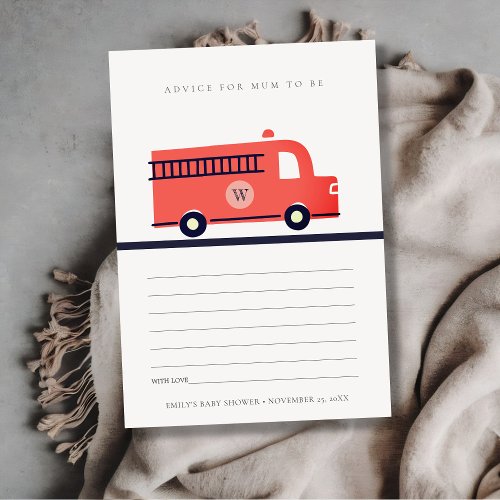 Red Fire Truck Engine Advice for Mum Baby Shower Enclosure Card