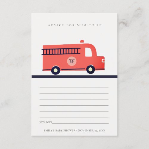 Red Fire Truck Engine Advice for Mum Baby Shower Enclosure Card