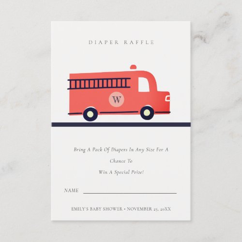 Red Fire Truck Engine Diaper Raffle Baby Shower Enclosure Card