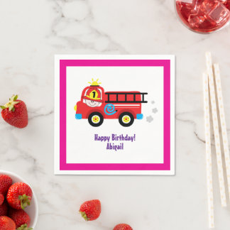 Red Fire Truck Engine Firefighter Cartoon Design Napkins