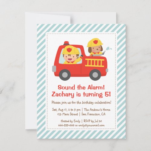 Red Fire Truck Fighter Boy and Dog Birthday Party Invitation