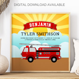 Red Fire Truck Firefighter Baby Birth Stats Poster