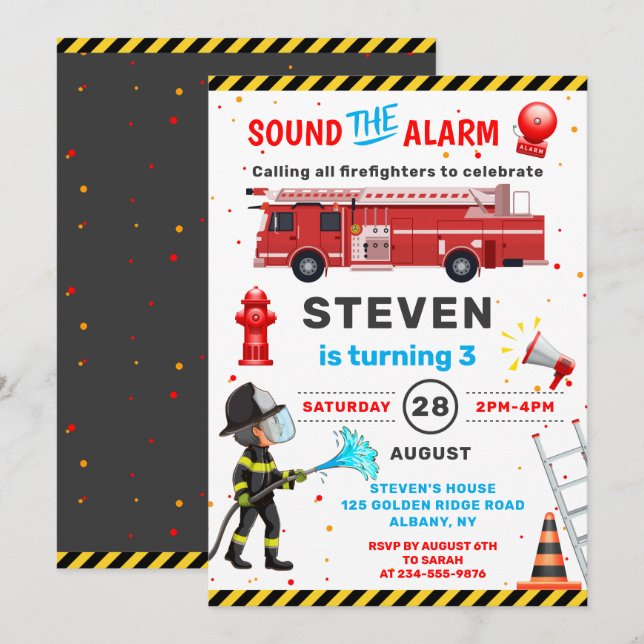 Red Fire Truck Firefighter Birthday Party Invitation (Front/Back)
