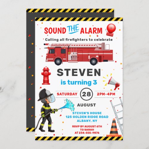 Red Fire Truck Firefighter Birthday Party Invitation