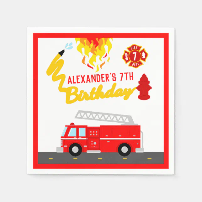 Red Fire Truck Firefighter Birthday Party Napkins | Zazzle