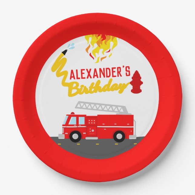 Red Fire Truck Firefighter Birthday Party Paper Plates (Front)