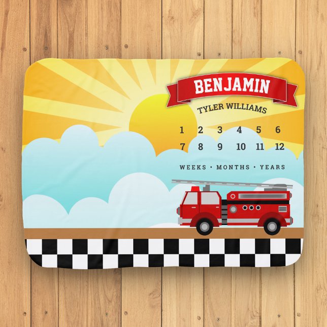 Red Fire Truck Firefighter Monthly Milestone Baby Blanket (Creator Uploaded)
