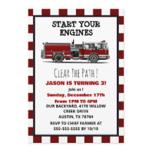 Red Fire Truck Fireman Boys Birthday Invitation
