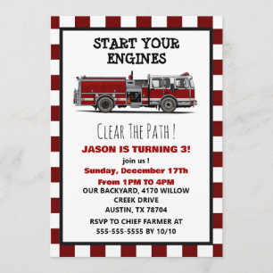 Red Fire Truck Fireman Boys Birthday Invitation