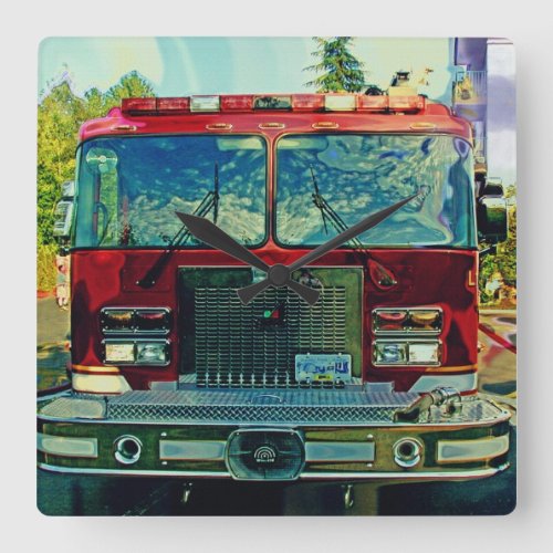 Red Fire Truck Firemans Art Gift Square Wall Clock