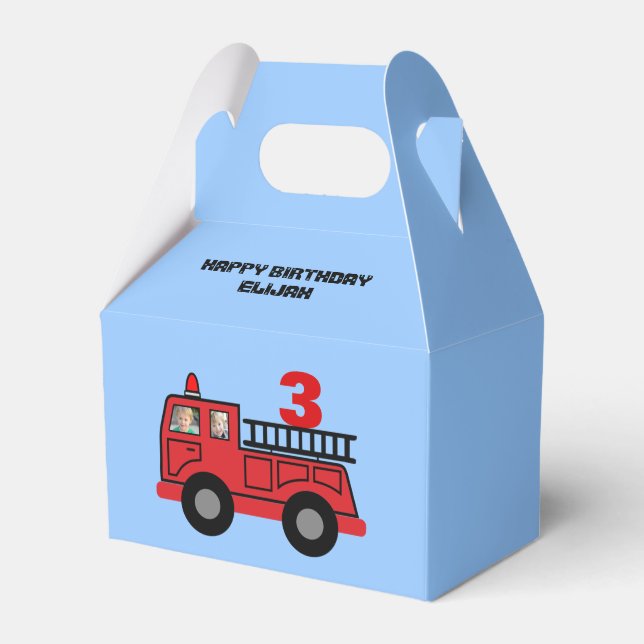 Red Fire Truck Kid's Birthday Photo Custom Favor Boxes (Front Side)