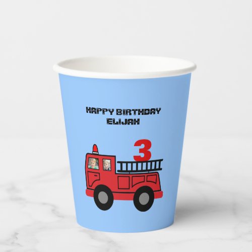 Red Fire Truck Kids Birthday Photo Custom Paper Cups