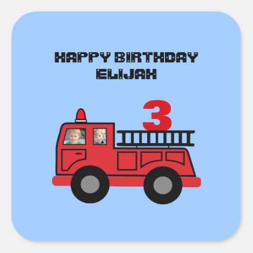 Red Fire Truck Kids Birthday Photo Custom Party Square Sticker