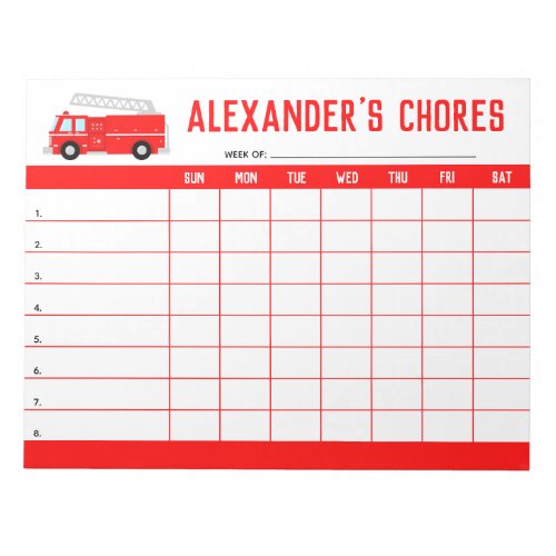 Red Fire Truck Kids Chore Chart Notepad