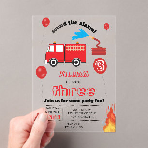 Red Fire Truck Kids Firefighter Birthday Party  Acrylic Invitations