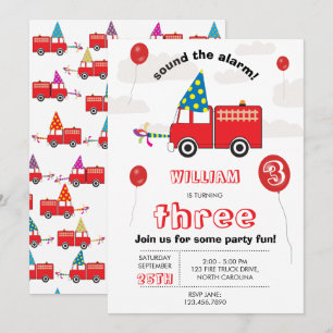 Red Fire Truck Kids Firefighter Birthday Party  Invitation