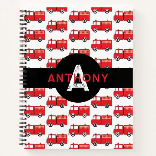 Red Fire Truck Kids Monogram Name School Notebook