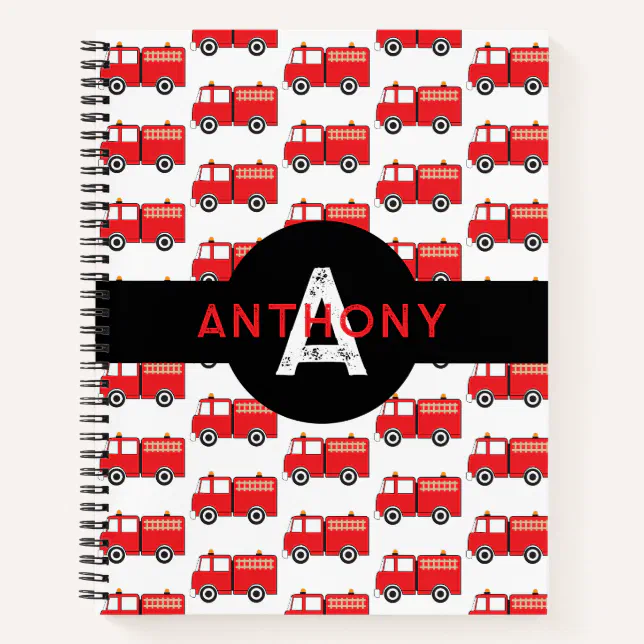 Red Fire Truck Kids Monogram Name School Notebook | Zazzle