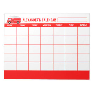 Red Fire Truck Kids Monthly Calendar Notepad