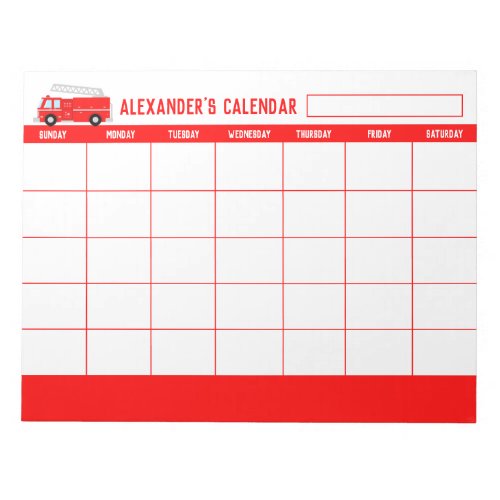 Red Fire Truck Kids Monthly Calendar Notepad