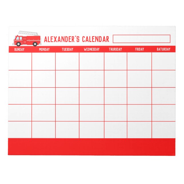 Red Fire Truck Kids Monthly Calendar Notepad (Front)