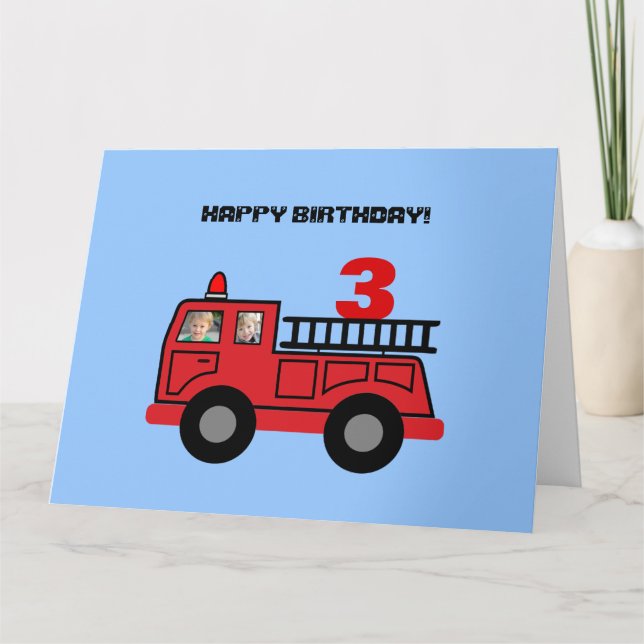 Red Fire Truck Kid's Photo Birthday Card (Front)