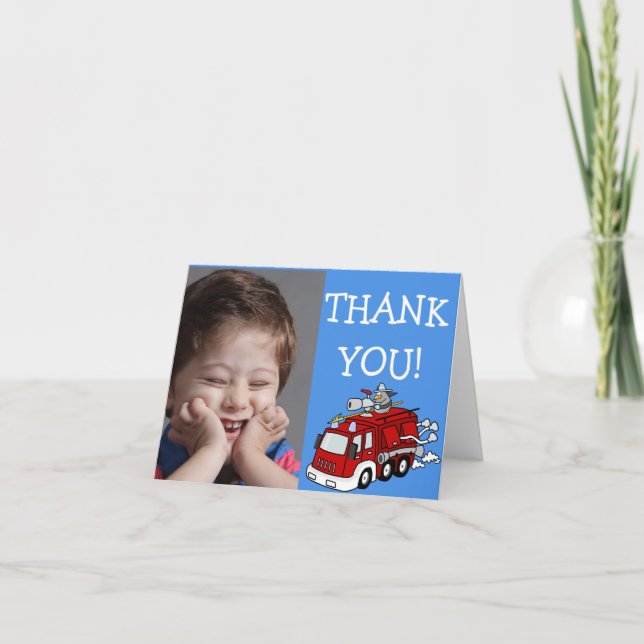Red Fire Truck on Blue Thank You Note with Photo Card (Front)