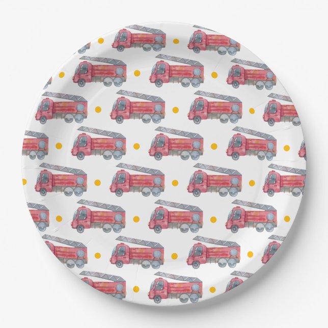 Red Fire truck Party Paper Plates (Front)