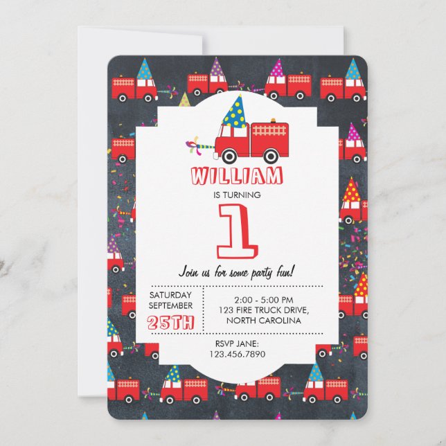 Red Fire Truck Party Pattern Kids Birthday  Invitation (Front)