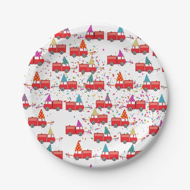 Red Fire Truck Party Pattern  Paper Plates (Front)