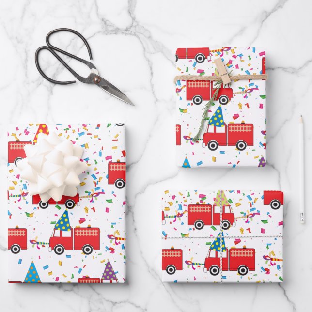 Red Fire Truck Party Pattern Wrapping Paper Sheets (Front)