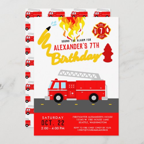 Red Fire Truck Party Theme Firefighter Birthday Invitation