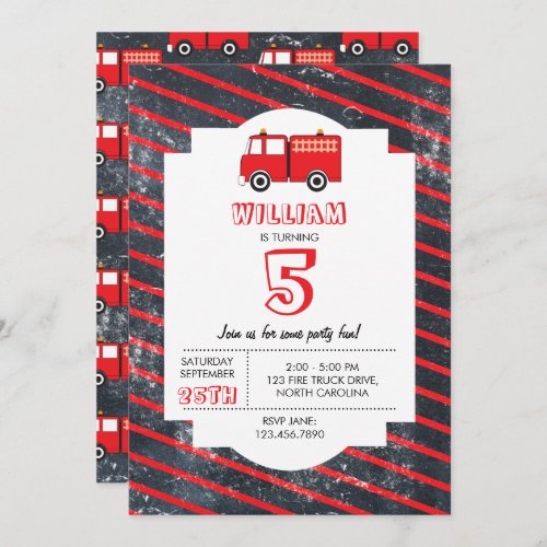 Red Fire Truck Pattern Birthday Invitation