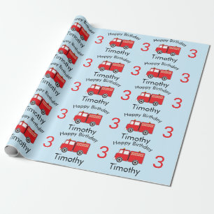 Red Fire Truck Pattern Boy's Name & Age Birthday Wrapping Paper