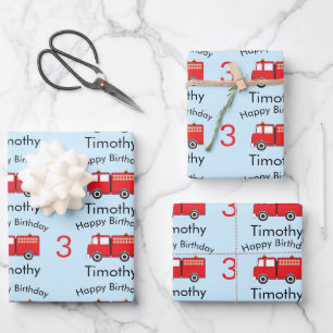 Red Fire Truck Pattern Boy's Name & Age Birthday Wrapping Paper Sheets
