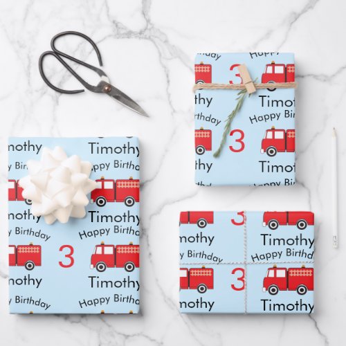 Red Fire Truck Pattern Boys Name  Age Birthday Wrapping Paper Sheets