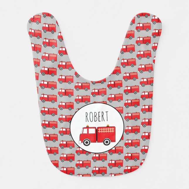 Red Fire Truck Pattern Customized Boys Name Baby Bib (Front)