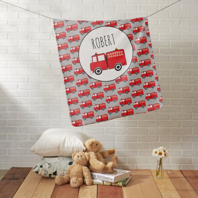 Red Fire Truck Pattern Customized Boys Name Baby Blanket (In Situ)